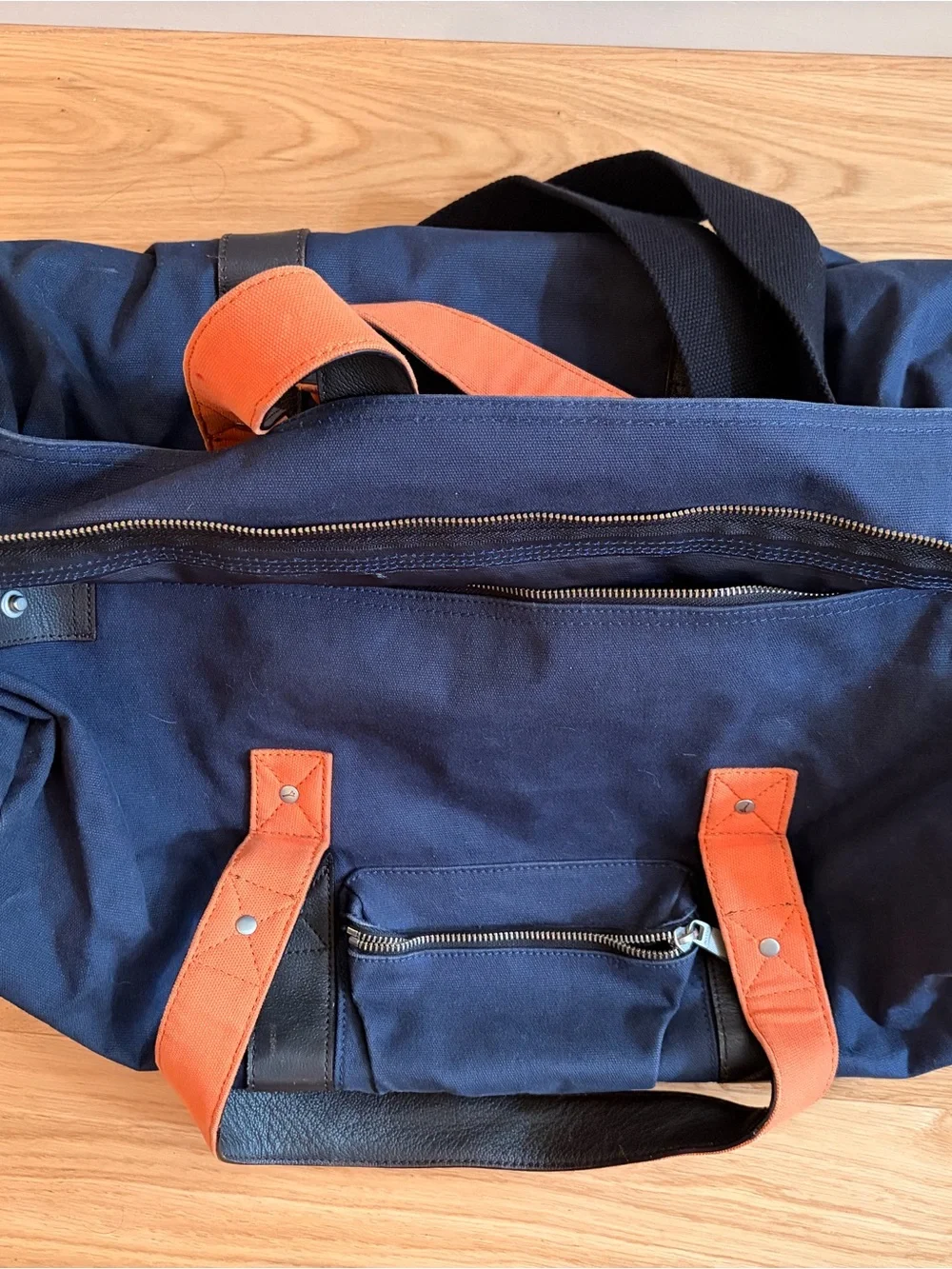 Jack Spade Navy Canvas Duffel with Orange Straps